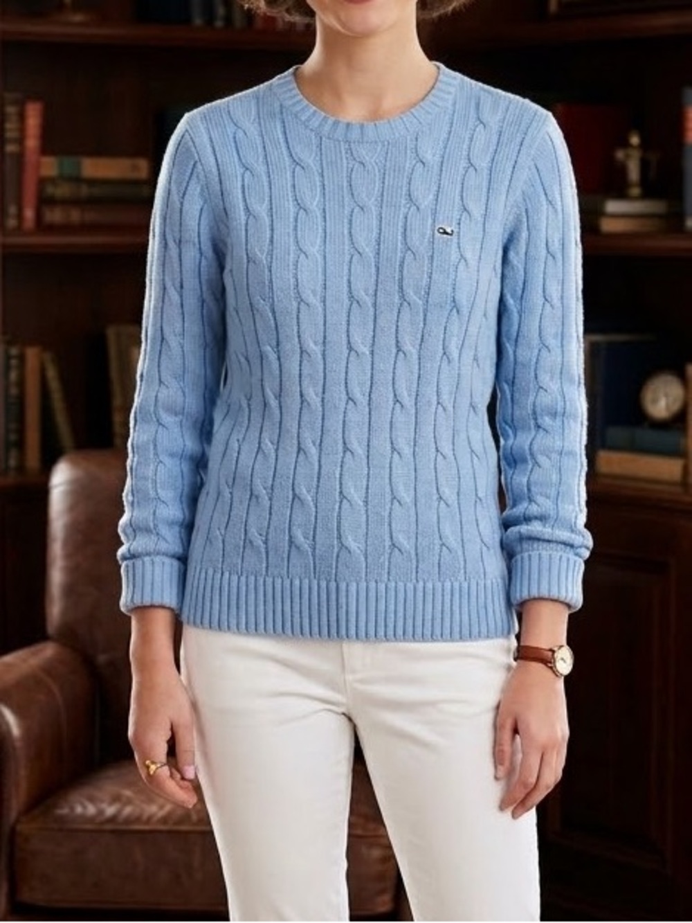 EUC Vineyard Vines Periwinkle Light Blue Cableknit Preppy Crewneck Sweater Small